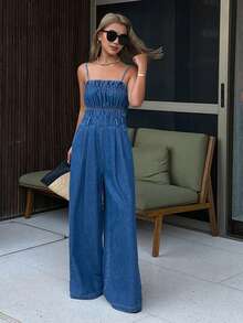 DAZY Women's Summer Pleated Waist Loose Wide-Leg Jeans Jumpsuit, Casual City Style - Medium Wash - View 3