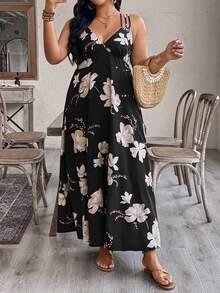 EMERY ROSE Women's Floral Criss-Cross Backless V-Neck Cinched Waist Slip Dress, Suitable For Beach, Date, Party, Spring/Summer Women Vacation Dress Backless Sundress Black Floral Dress Summer Maxi Dress Women Backless Summer Dress - Multicolor - View 4