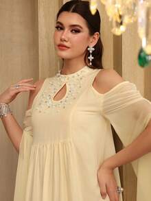 Al Najma Elegant Hollow Sleeve Flared Dress With Stand Collar, Spring/Summer - Yellow - View 4