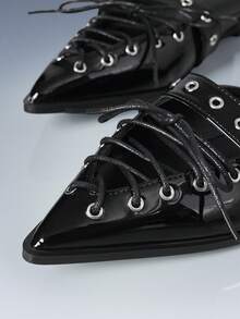 CUCCOO GRLICON Zapatos planos con puntera puntiaguda y decoración de remaches para mujer - Negro - Ver 3