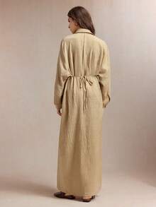 BizChic 新款春夏卡其色翻领连衣裙，饰有梯形滚边，插肩袖，配有束腰带，女款 - 杏色 - 查看 3