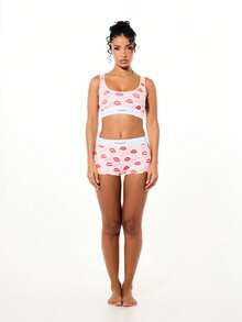 BABYPHAT Conjunto de sujetador tipo bralette y pantalón corto con estampado de labios. Ropa interior a juego de dos piezas con diseño de besos lindos para el Día de San Valentín en color rosa y blanco. - Rosa - Ver 3