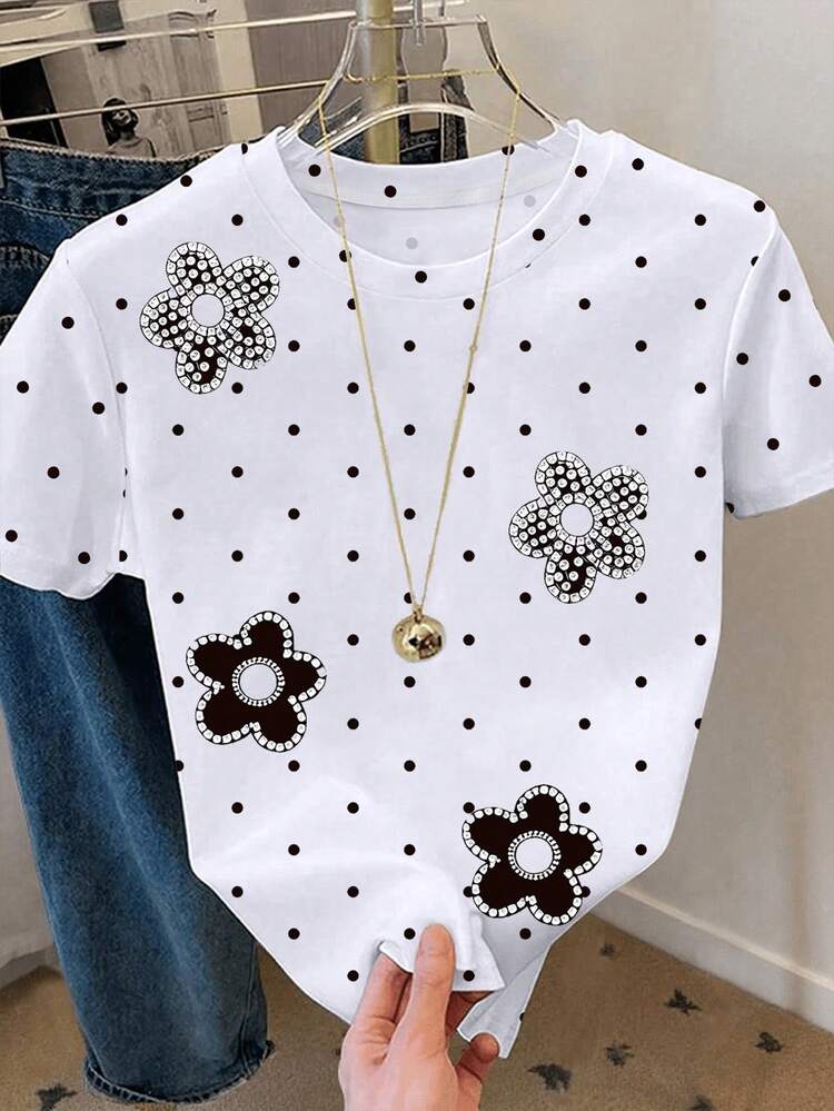 Resyla Plus Size Polka Dot Round Neck Short Sleeve Casual T-Shirt, Comfortable For Summer - Multicolor - View 3