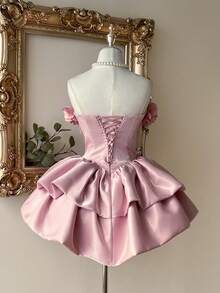 Lovelzi Women's Strapless Floral Tassel Asymmetrical Ruffle Hem Elegant Chic Party Cocktail Dress - Baby Pink - View 3