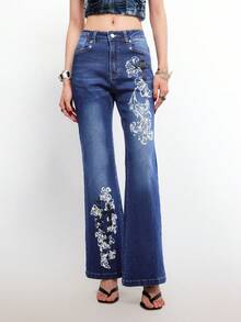 Bloopia 女士印花口袋休闲复古喇叭牛仔裤 - 藍色 - 查看 5