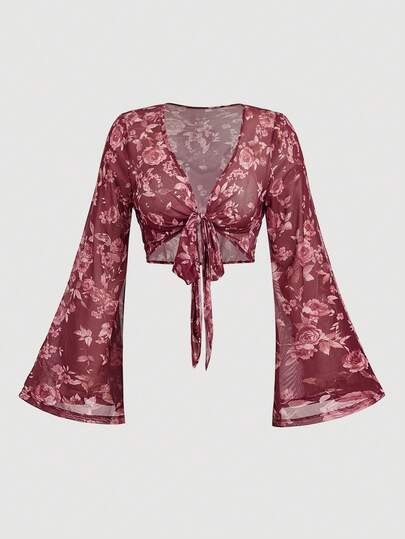 SHEIN MOD 大码女式水彩花卉印花浪漫度假网纱喇叭袖蝴蝶结罩衫