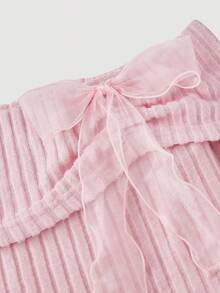 SHEIN MOD Petite 女士休闲不对称下摆露肩蝴蝶结装饰T恤，秋季款 - 粉色 - 查看 3