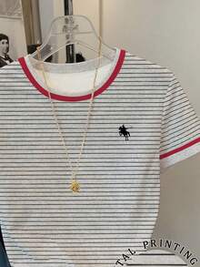 Resyla Women's Casual Commuter Biker Striped Print Contrast Binding Short Sleeve T-Shirt, Summer - Multicolor - View 3