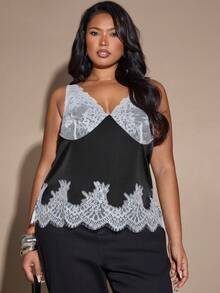 SHEIN BAE Women's Elegant Black And White Color-Blocked Lace Patchwork Camisole,Summer Night V-Neck Bustier Top With Hem,Versatile Elegant Top - Black and White - View 5