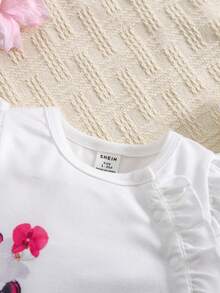 SHEIN Bộ đồ liền thân mềm mại cho bé gái sơ sinh cổ tròn tay dài xếp nếp họa tiết chim hoa, mùa thu/đông - trắng - Xem 5
