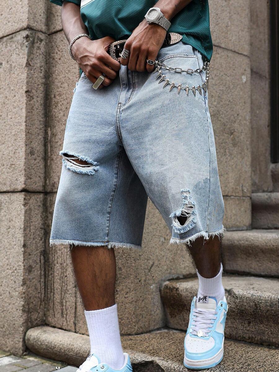 Manfinity EMRG 男士浅蓝色做旧休闲牛仔短裤 - 藍色 - 查看 1