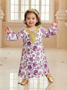 Vestido Casual Solto com Decote em V de Manga Longa com Estampa Floral Miúda e Babados para Menina - Multicolorido - Visão 5