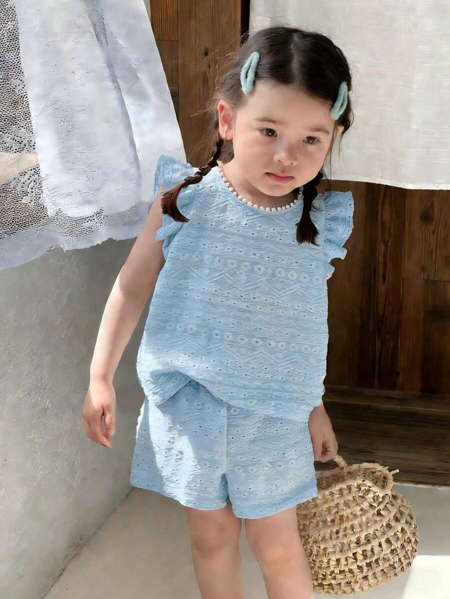 SHEIN Vintaside Kids 2pcs/Set Baby Girls 0-3 Years Old Casual Sweet Daily Outings Cap Sleeve T-Shirt Vest Top And Shorts Set, Spring/Summer - Blue - View 1