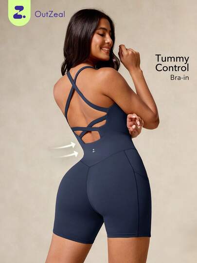 OutZeal Women Sports Jumpsuits Cycling Workout Sweat Wicking Crossover Strap Backless Removable Pads
