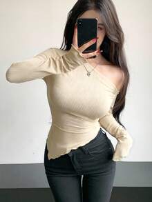 DAZY 女士纯色不对称下摆修身长袖休闲T恤 - 米色 - 查看 2