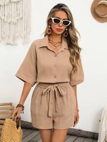 Breezaya Conjunto informal de 2 piezas de camisa de manga de murciélago de un solo botonadura y pantalones cortos de unicolor, holgado, para mujeres, conjunto de vacaciones de verano, conjunto de vestir de vacaciones, conjunto de verano para mujer, conjunto de 2 piezas informal, ropa de resort casual, vestido de vacaciones de mujer, cubrecostas de playa de algodón - Camel - Ver 6