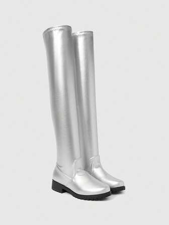 Goth Stivali alti sopra il ginocchio da donna, nuovi arrivi per l'autunno/inverno 2025, punta quadrata, tacco basso, in pelle plissettata, con chiusura a trazione