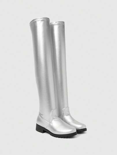 Goth Stivali alti sopra il ginocchio da donna, nuovi arrivi per l'autunno/inverno 2025, punta quadrata, tacco basso, in pelle plissettata, con chiusura a trazione