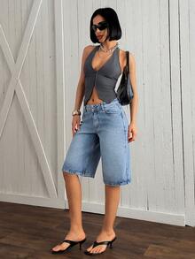 EURMUSE Quần short denim nữ thời trang, dáng casual, có túi xéo, thích hợp cho mùa hè. - Rửa trung bình - Xem 7