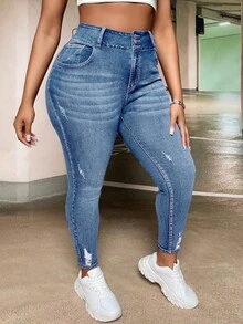 SHEIN SXY Quần jean skinny dáng rộng thoải mái dành cho nữ cỡ lớn - Rửa trung bình - Xem 6