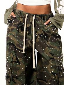 SUMWON WOMEN Low Rise Camouflage Cargo Pants With Pearl Rhinestone Embellishments Wide Leg Parachute Trousers Drawstring Waistband Military Inspired Baggy Pants - Army Green - View 4