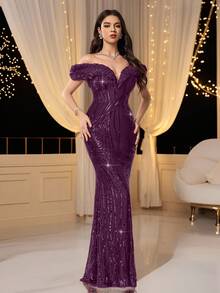 Coutiva Autumn Winter Elegant Sequin Positioning Splicing One-Shoulder Ruffle Hem Slim Mermaid Skirt Formal Evening Dress,Party,Wedding Guest,Graduation - Dark Purple - View 4