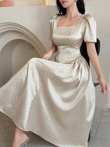 DAZY 女士优雅波点方领泡泡袖褶皱中长连衣裙，夏季婚礼宾客礼服/吊带裙/鸡尾酒裙 - 杏色 - 查看 7
