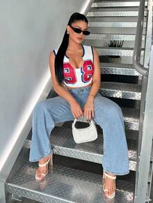 SHEIN SXY Women's Sexy Fashion Street Casual Commuting Numeric Print Contrast Trim Notch Neck Cropped Tank Top, Summer, 90s Top, Sexy Tops For Club, Crop Tops Y2k, - Multicolor - View 6