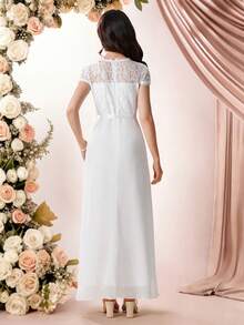 Pitira Vestido maxi elegante y lujoso de línea A con parches de bordado soluble en agua de color blido liso, adecuado para niñas adolescentes, niña de las flores, baile de graduación, fiesta y otras ocasiones, apropiado para primavera y verano, vestido de fiesta, vestido de noche - Blanco - Ver 2