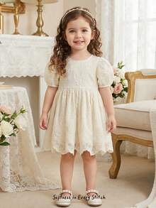 Cozy Pixies 女婴宽松可爱圆领3D蝴蝶花朵刺绣网纱泡泡袖中长连衣裙，杏色和香槟色，适合婚礼、花童、生日派对等场合 - 彩色 - 查看 2