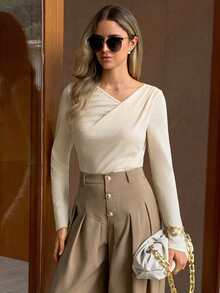 Elyressa Women's Solid Color Asymmetrical Neckline Long Sleeve Casual Minimalist Fashion T-Shirt - Apricot - View 4