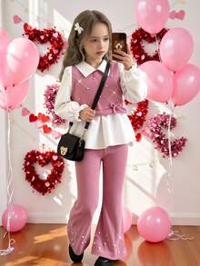 Dusty Pink Cute Tween Girls Knitted Striped Shirt Co-Ords With Collar Long Flare Sleeve And Ruffle Hem - Dusty Pink - View 3
