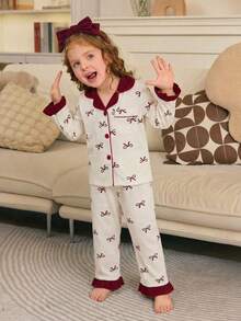 Conjunto de 2 piezas de cárdigan de manga larga y pantalones con estampado de cerezas y lazos para niña, ropa de estar en casa casual y cómoda - Albaricoque - Ver 4