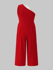 SHEIN Young Girl Casual Elegant Red Asymmetrical Shoulder Form-Fitting Minimalist 3D Floral Decor Jumpsuit, Suitable For Parties, Gatherings, Weddings, Spring/Summer - Red - View 4