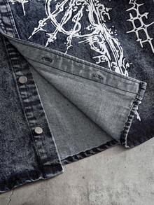 AXEPEAK Camisa vaquera de manga corta con estampado gráfico, de corte holgado y de una sola hilera de botones para hombre - Negro - Ver 5