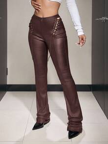 Jeanoix Women's Vintage Eyelet Lace-Up Long Pants - Brown - View 3