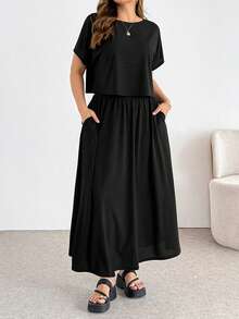 Shapeblank Bộ đồ nữ cỡ lớn mùa xuân/hè, kiểu dáng thường ngày, rộng rãi, co giãn, thoải mái, cơ bản, giúp tôn dáng, gồm áo tay ngắn và chân váy dài eo chun, màu đen, hai mảnh, trang phục mùa hè, kiểu dáng đơn giản, trang phục đi nhà thờ. - Màu Khaki - Xem 7