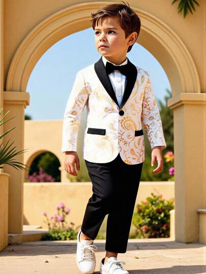 Young Boy Gentleman Gold Foil Print Lapel Single-Breasted Suit Jacket And Pants Set