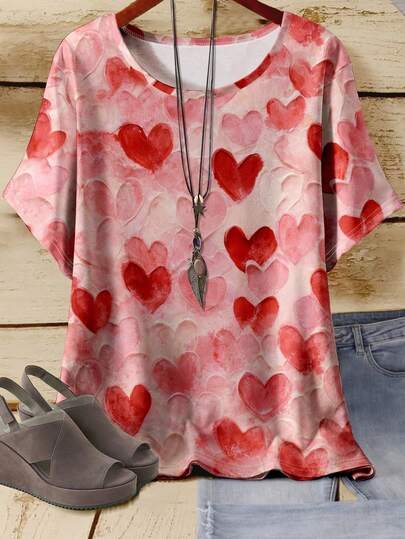 EMERY ROSE 大码水彩爱心T恤，吸睛日常穿搭大码T恤，柔软甜美大码爱心T恤