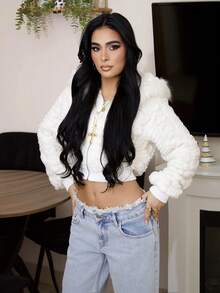 AfricaSnchz 女士连帽长袖心形图案毛绒边饰外套，秋冬季，早午餐女士装扮，秋季婚礼宾客连帽衫，返校节，90年代风格装扮，女士晚秋休闲撞色毛绒外套，拉链常规袖连帽常规版型白色纯色女士外套，休闲日常穿着 - 白色 - 查看 1