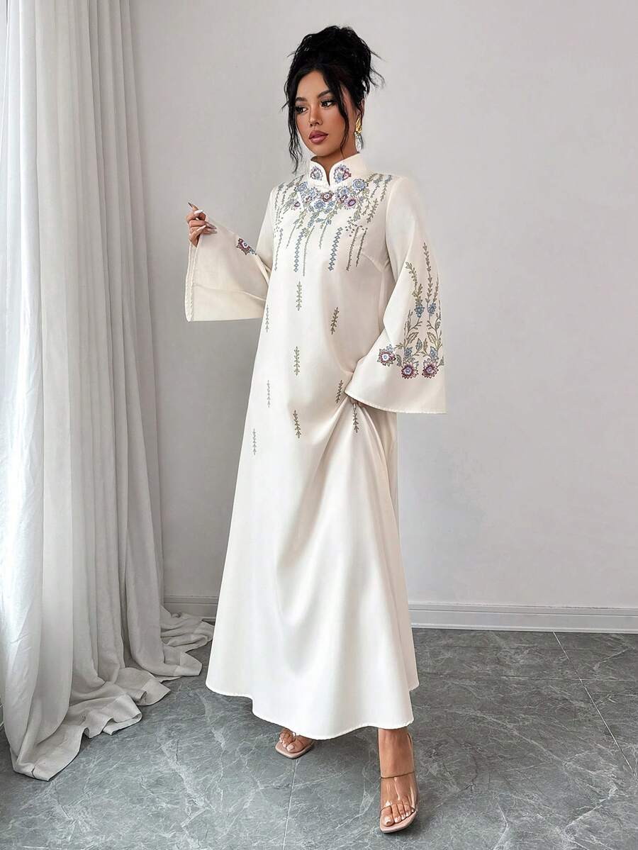SHEIN Raffinéa 女士纯色印花优雅休闲旗袍领中式纽扣长袖宽松连衣裙,中东风格,端庄得体,可定制印花,春秋季,适合日常穿着 - 杏色 - 查看 1