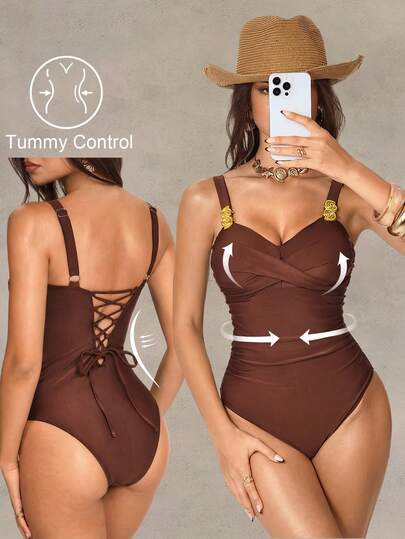 Shapewave Traje de baño de una pieza con control de abdomen, elegante y sofisticado, color marrón, para playa y resort de primavera/verano