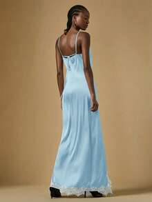 Briarwyn Women's Open Shoulder Spaghetti Strap Blue Lace Patchwork High Slit Hem Dress, Summer Dresses For Women, Summer Outfits, Summer Outfits For Women, Spring Dress Women, Valentine Outfits For Women, Elegant Party Dresses For Women, Beach Outfit, Wedding Guest Dress For Women , Wedding Party Dress - Baby Blue - View 6