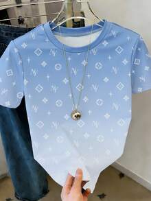 Resyla Camiseta casual con estampado numérico en degradado azul, top de manga corta de moda para el verano - Multicolor - Ver 7