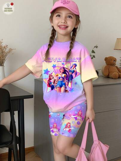 SHEIN 2pcs/Set Colorful K-Pop Girl Group Letter & Star Print Casual Outfit, Gradient Tie-Dye Cartoon Character Design, Suitable For Music Festival, Party And Daily Wear, Summer Short Sleeve Top And Shorts