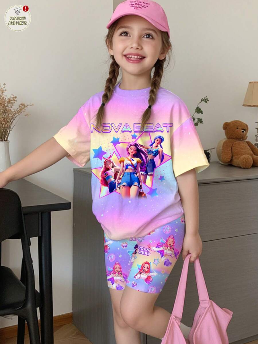 SHEIN 两件套彩色韩流女团字母星星印花休闲套装，渐变扎染卡通人物设计，适合音乐节、派对和日常穿着，夏季短袖上衣和短裤 - 彩色 - 查看 1