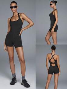 Menodora SHEIN Sport Bộ áo liền quần yoga cổ yếm hở lưng dành cho nữ - màu đen - Xem 7