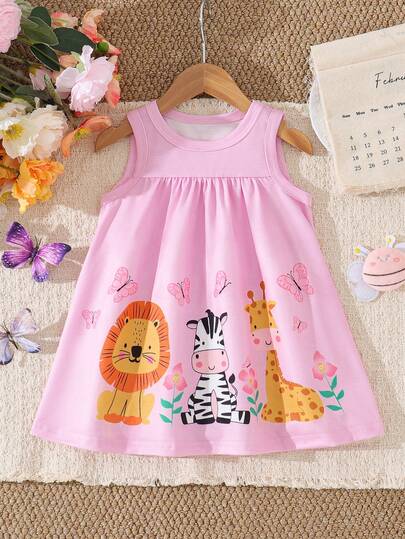 SHEIN Playful Pals 女婴可爱蜜蜂动物元素无袖连衣裙，春夏时尚新款