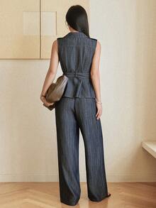 DAZY Women's Collared Sleeveless Cropped Top And Wide Leg Jeans 2 Pieces Casual Set - Dark Wash - View 5