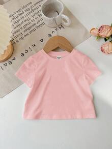 母亲节，英文标语心形蝴蝶结设计，“我是妈妈的世界”，女婴休闲白色舒适短袖圆领上衣，适合夏季穿着 - 淺粉色 - 查看 4